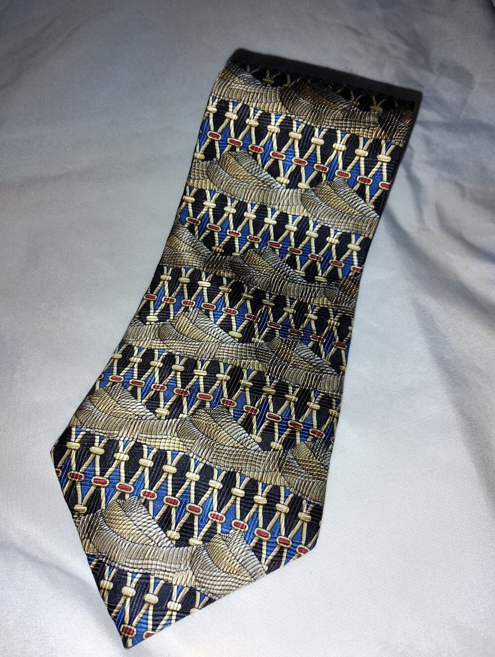 EVAN PICONE Men’s Neck Tie 100% Silk Made in USA Geometric W/ Rope Gold Blue